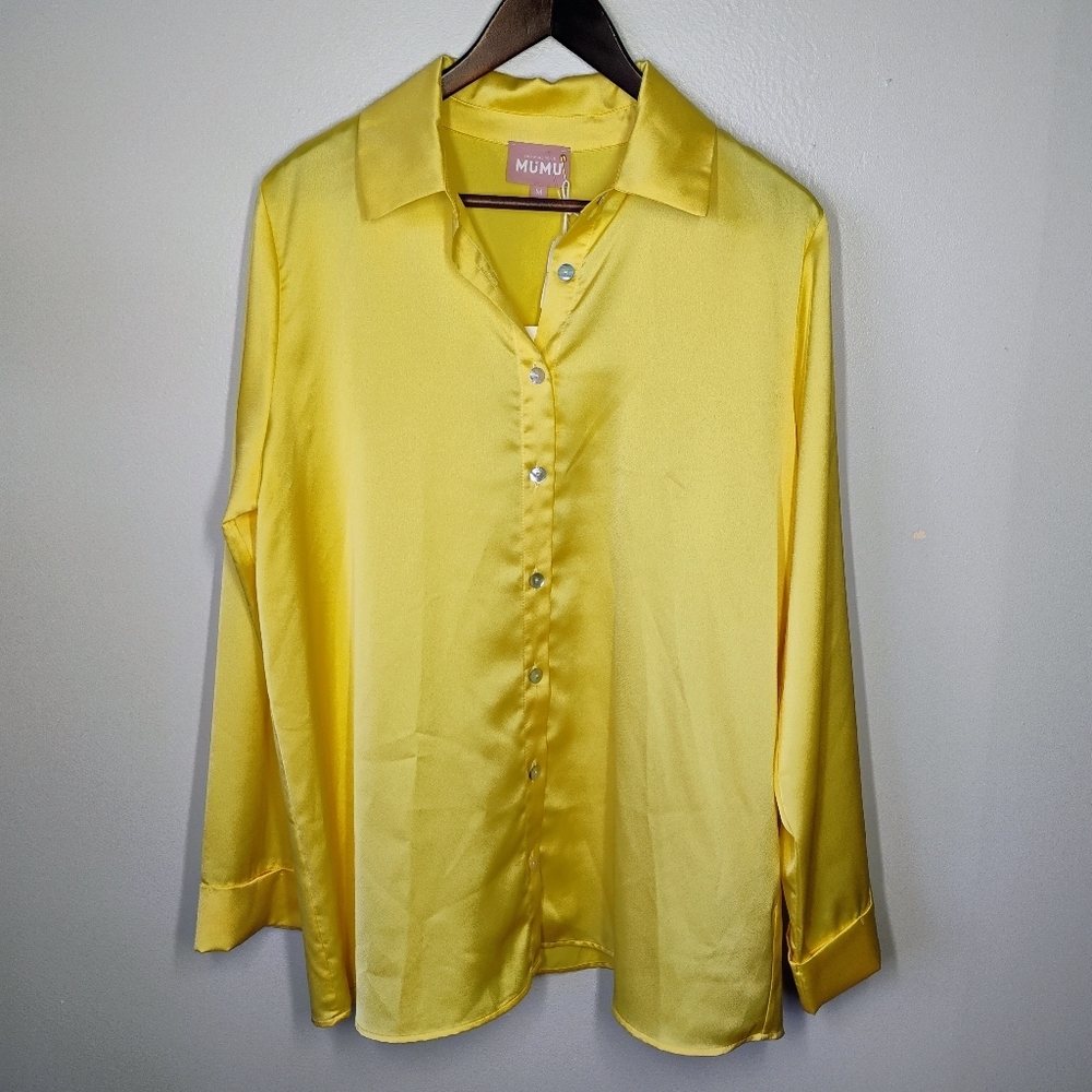 Show Me Your Mumu Smith Button Down Top Womens Medium Butter‎ Yellow Satin NEW - Picture 2 of 13